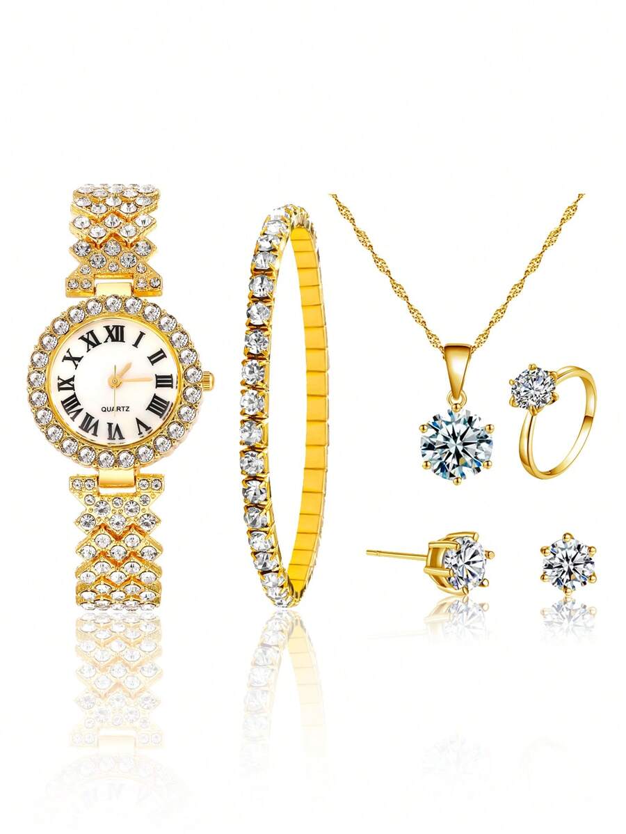 1pc Cubic Zirconia Decor Quartz Watch & 5pcs Jewelry Set - Gold - View 1