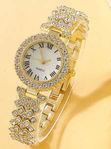 1pc Cubic Zirconia Decor Quartz Watch & 5pcs Jewelry Set - Gold - View 2