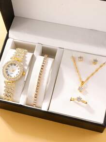 1pc Cubic Zirconia Decor Quartz Watch & 5pcs Jewelry Set - Gold - View 4