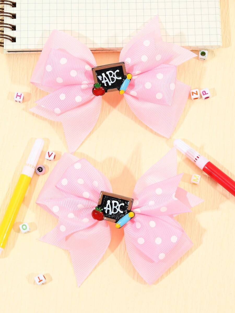 2入組/包白色波卡圓點和粉色蝴蝶結字母ABC髮夾適用於兒童 - 彩色 - 查看 1