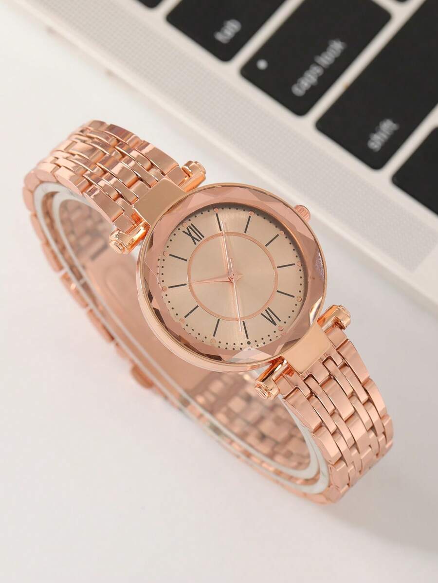 Mujer 1 pieza rosa dorado de acero inoxidable con tira de moda redondo esfera cuarzo para vida diaria - Oro rosa - Ver 1