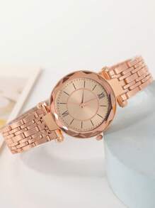 Mujer 1 pieza rosa dorado de acero inoxidable con tira de moda redondo esfera cuarzo para vida diaria - Oro rosa - Ver 2