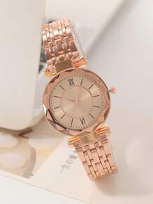 Mujer 1 pieza rosa dorado de acero inoxidable con tira de moda redondo esfera cuarzo para vida diaria - Oro rosa - Ver 3