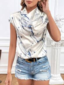 SHEIN Privé Marble Print Draped Collar Batwing Sleeve Satin Blouse - Beige - View 5