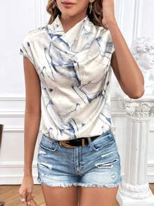 SHEIN Privé Marble Print Draped Collar Batwing Sleeve Satin Blouse - Beige - View 6