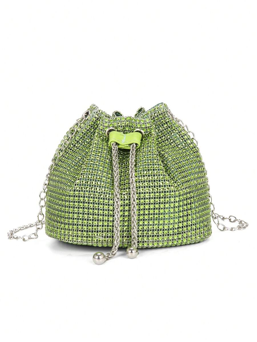 Shiny,Glitter Bling Glamorous,Elegant,Exquisite,Quiet Luxury Mini Bucket Bag Green Rhinestone Decor Drawstring For Party, Clear Bag Dinner Bag,Evening Bag,Elegant Rhinestone Rhinestone,Crystal Decor,Faux Pearl For Party Girl,Woman,For Lady,Bride Perfect For Party,Wedding,Prom,Dinner/Banquet Best Gift For Women, Glamorous Rhinestone Bag