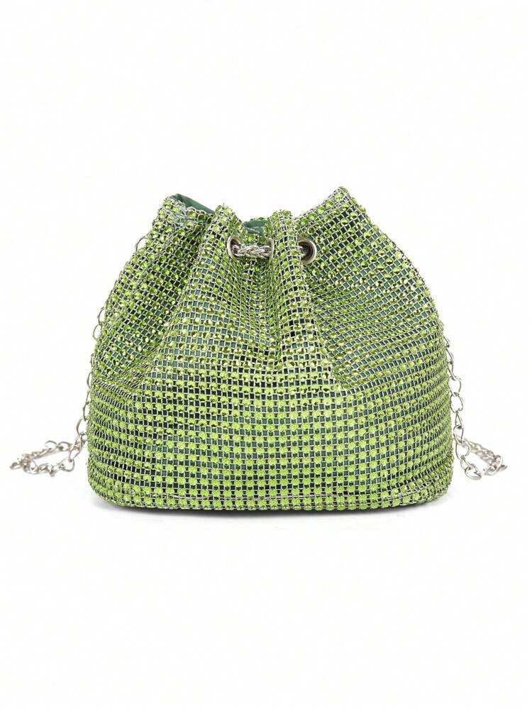 Shiny,Glitter Bling Glamorous,Elegant,Exquisite,Quiet Luxury Mini Bucket Bag Green Rhinestone Decor Drawstring For Party, Clear Bag Dinner Bag,Evening Bag,Elegant Rhinestone Rhinestone,Crystal Decor,Faux Pearl For Party Girl,Woman,For Lady,Bride Perfect For Party,Wedding,Prom,Dinner/Banquet Best Gift For Women, Glamorous Rhinestone Bag