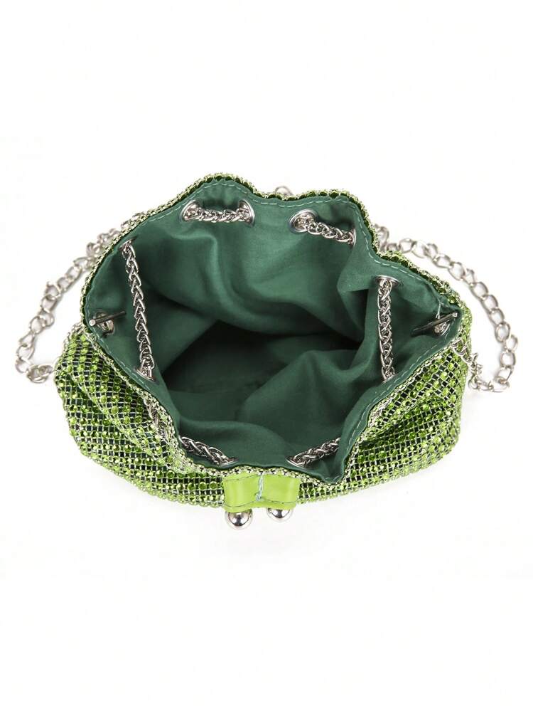 Shiny,Glitter Bling Glamorous,Elegant,Exquisite,Quiet Luxury Mini Bucket Bag Green Rhinestone Decor Drawstring For Party, Clear Bag Dinner Bag,Evening Bag,Elegant Rhinestone Rhinestone,Crystal Decor,Faux Pearl For Party Girl,Woman,For Lady,Bride Perfect For Party,Wedding,Prom,Dinner/Banquet Best Gift For Women, Glamorous Rhinestone Bag