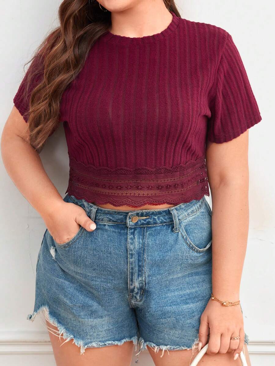 SHEIN Frenchy Plus Contrast Lace Crop Tee - Maroon - View 1
