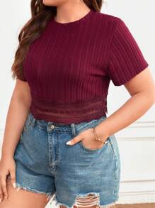 SHEIN Frenchy Plus Contrast Lace Crop Tee - Maroon - View 4