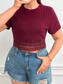 SHEIN Frenchy Plus Contrast Lace Crop Tee - Maroon - View 5