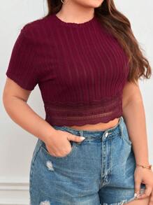 SHEIN Frenchy Plus Contrast Lace Crop Tee - Maroon - View 6
