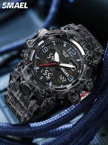 SMAEL 1pc Black Abstract Pattern TPU Strap Sporty Water Resistance Calendars Alarm Round Dial Digital Watch, For Daily Life - Black - View 1