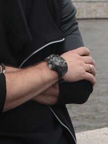 SMAEL 1pc Black Abstract Pattern TPU Strap Sporty Water Resistance Calendars Alarm Round Dial Digital Watch, For Daily Life - Black - View 3