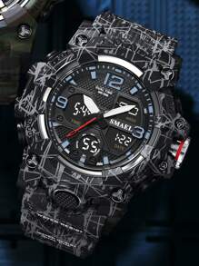 SMAEL 1pc Black Abstract Pattern TPU Strap Sporty Water Resistance Calendars Alarm Round Dial Digital Watch, For Daily Life - Black - View 4