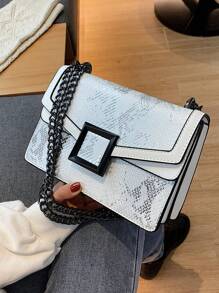 Snakeskin Embossed Square Bag Small Flap Chain Strap - Silver - View 1