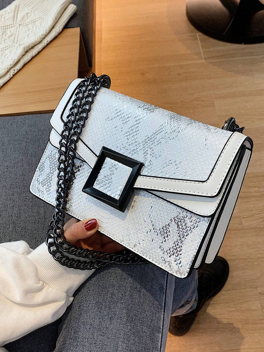 Snakeskin Embossed Square Bag Small Flap Chain Strap - Silver - View 1