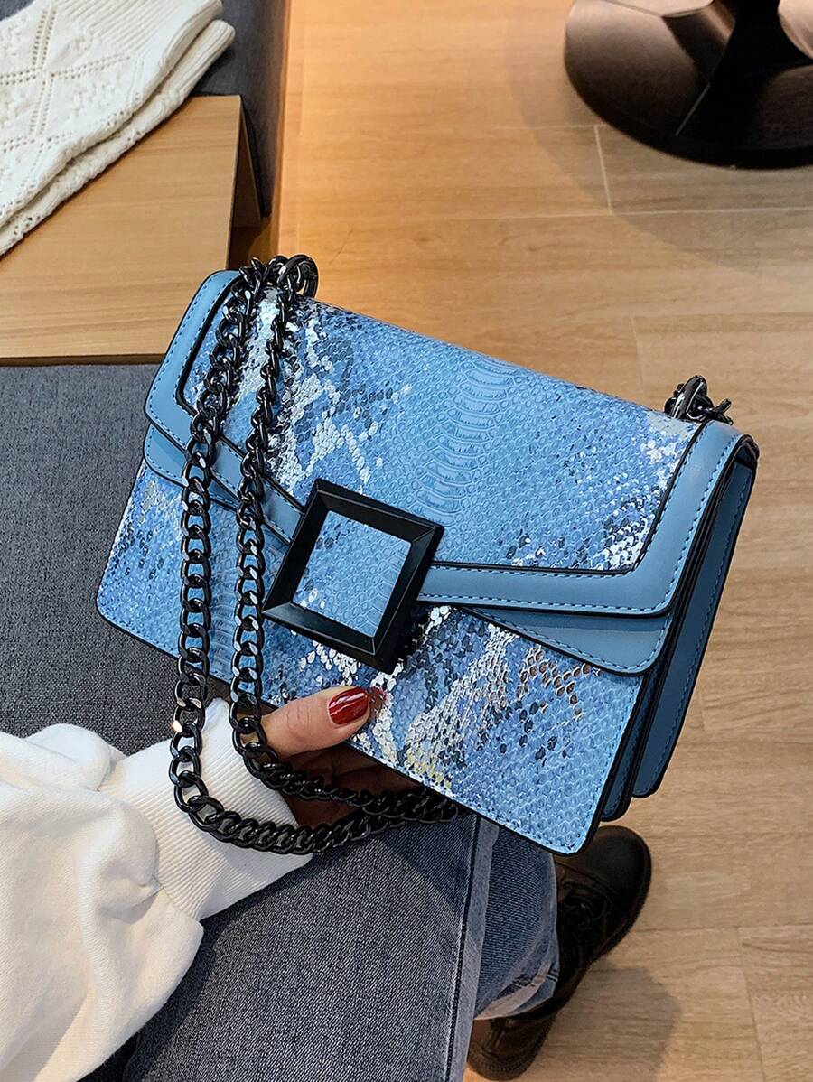 Snakeskin Embossed Square Bag Small Flap Chain Strap - Blue - View 1
