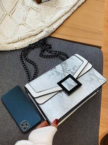Snakeskin Embossed Square Bag Small Flap Chain Strap - Silver - View 5