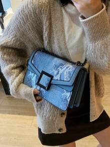 Snakeskin Embossed Square Bag Small Flap Chain Strap - Blue - View 3