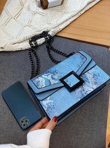 Snakeskin Embossed Square Bag Small Flap Chain Strap - Blue - View 5