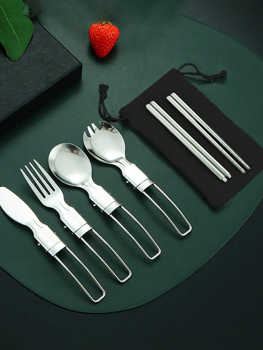 5pcs Foldable Stainless Steel Hiking Cutlery Set - Multicolor - View 1