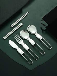 5pcs Foldable Stainless Steel Hiking Cutlery Set - Multicolor - View 2
