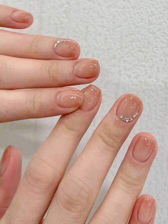 Transform Your Nails With 24pcs Short Square Gradient Rhinestones Fake Nail & 1pc Nail File & 1sheet Tape Press On Nails Nail Supplies