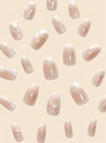 Get Glamorous With 24pcs Short Coffin Glitter Sequins Marble Print Fake Nail & 1pc Nail File & 1sheet Tape Press On Nails Nail Supplies