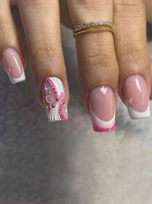 按压指甲 24 片短方形卡通可爱蝴蝶风格指甲 - 彩色 - 查看 1