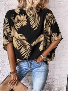SHEIN LUNE Tropical Print Batwing Sleeve Blouse - Black - View 1