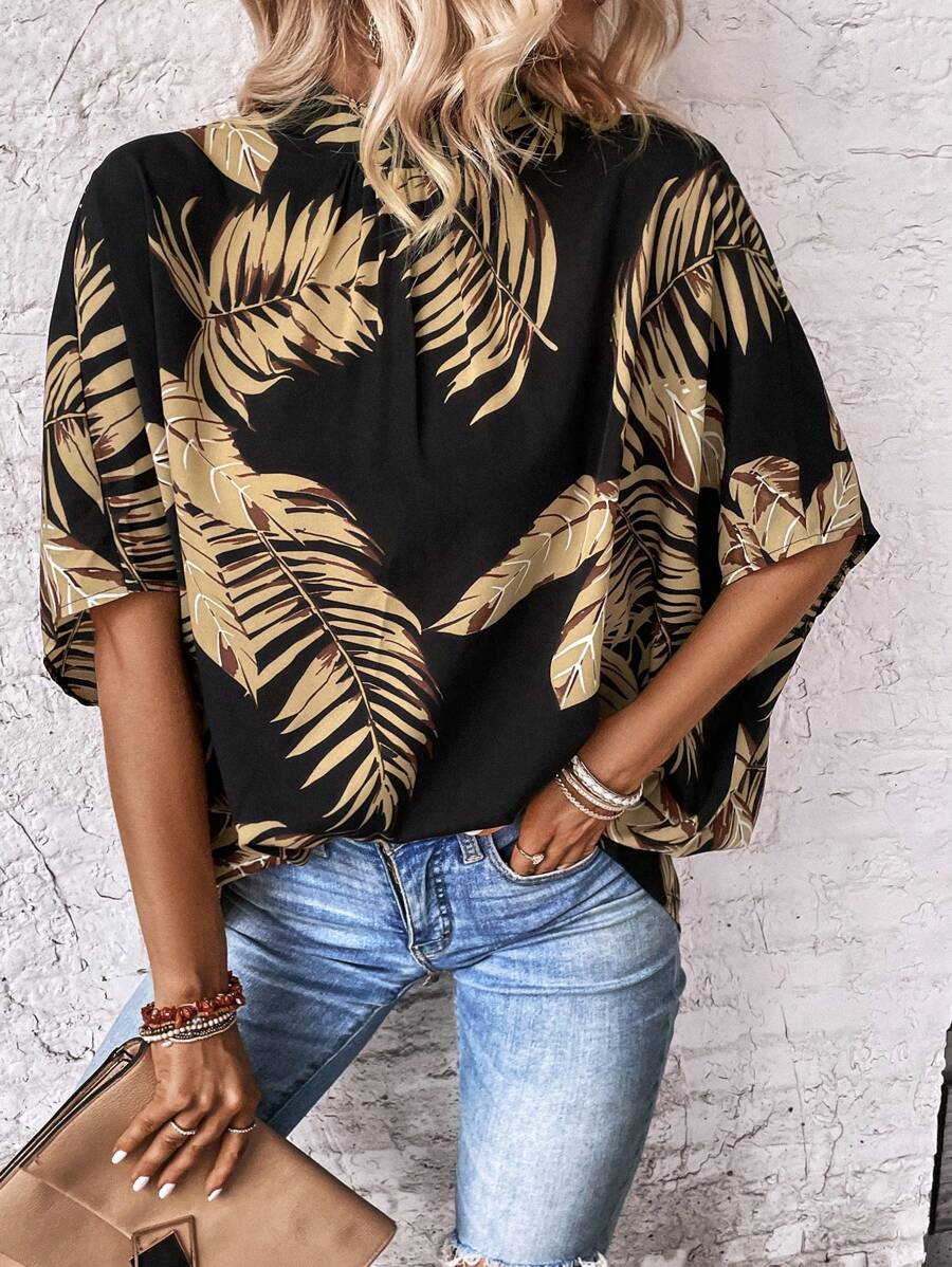 SHEIN LUNE Tropical Print Batwing Sleeve Blouse - Black - View 1
