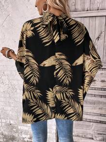 SHEIN LUNE Tropical Print Batwing Sleeve Blouse - Black - View 2