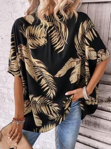 SHEIN LUNE Tropical Print Batwing Sleeve Blouse - Black - View 3