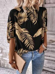 SHEIN LUNE Tropical Print Batwing Sleeve Blouse - Black - View 4