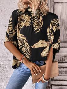 SHEIN LUNE Tropical Print Batwing Sleeve Blouse - Black - View 6