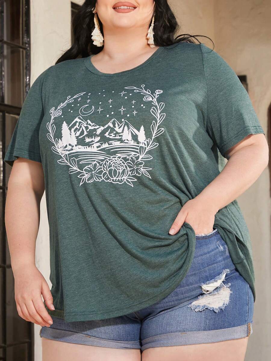 SHEIN CURVE+ Áo thun Plus size Hoa Thực vật Giải trí - Màu xanh lá cây đậm - Xem 1