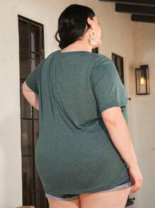 SHEIN CURVE+ Áo thun Plus size Hoa Thực vật Giải trí - Màu xanh lá cây đậm - Xem 2