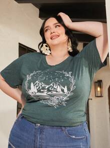 SHEIN CURVE+ Áo thun Plus size Hoa Thực vật Giải trí - Màu xanh lá cây đậm - Xem 3