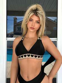 SHEIN Swim Heart Pattern Halter Bikini Top - Black - View 3