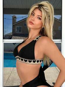 SHEIN Swim Heart Pattern Halter Bikini Top - Black - View 5