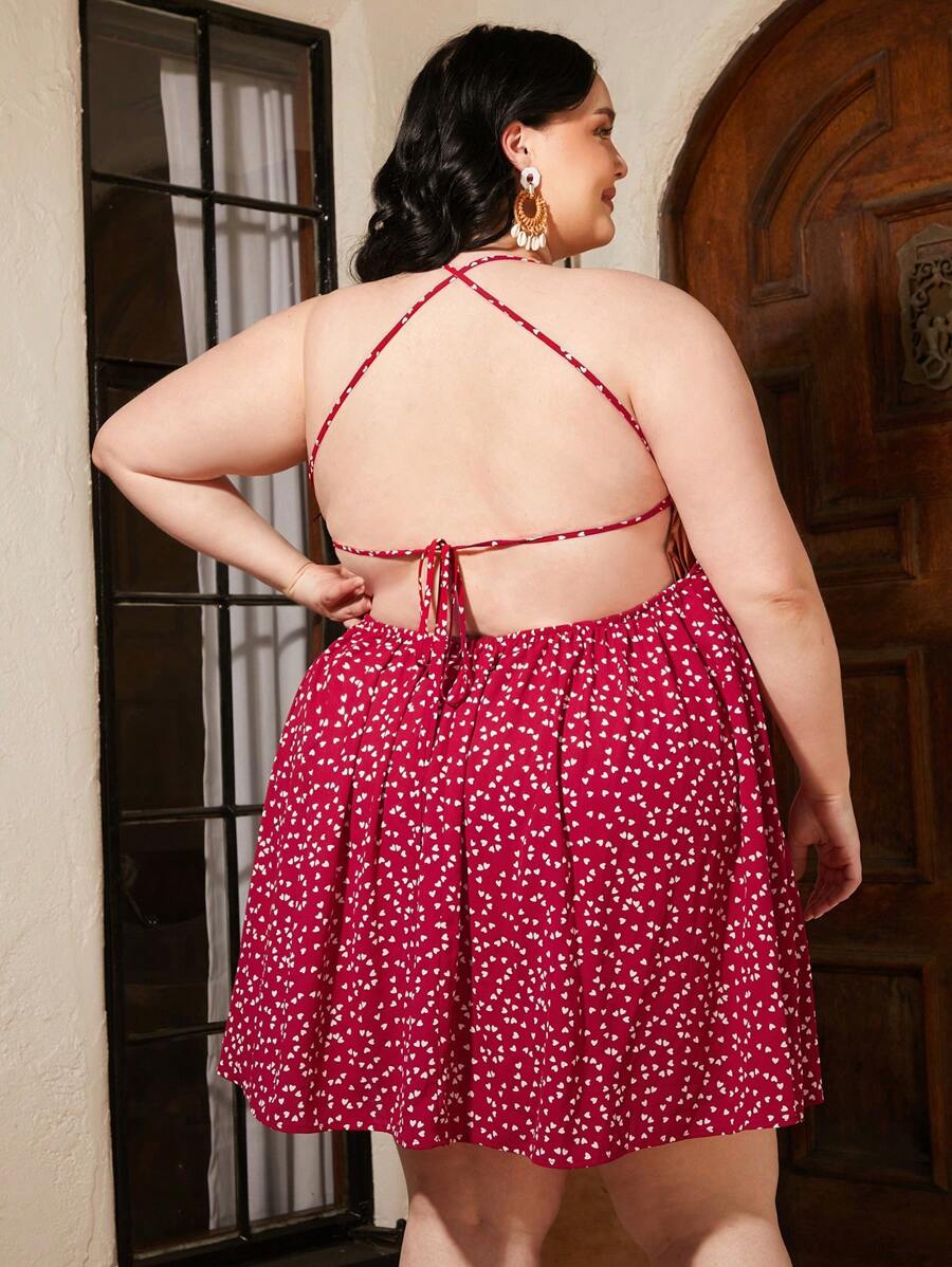 SHEIN CURVE+ Plus Heart Print Tie Backless Dress - Rose Red - View 1