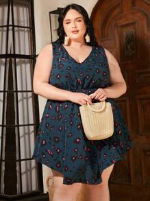 SHEIN CURVE+ 大碼滿版印花前打結連衣裙