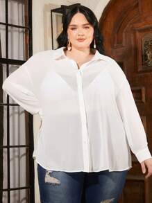 SHEIN CURVE+ Plus Drop Shoulder Button Front Sheer Shirt Without Bra - White - View 3