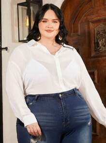SHEIN CURVE+ Plus Drop Shoulder Button Front Sheer Shirt Without Bra - White - View 1