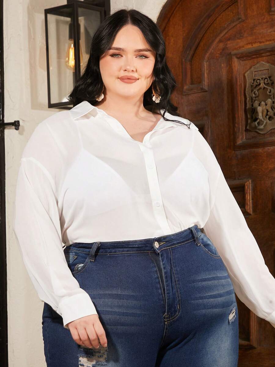 SHEIN CURVE+ Plus Drop Shoulder Button Front Sheer Shirt Without Bra - White - View 1