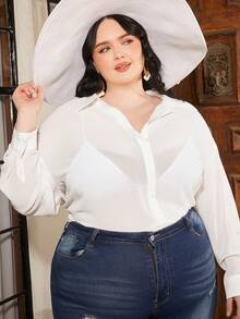 SHEIN CURVE+ Plus Drop Shoulder Button Front Sheer Shirt Without Bra - White - View 7