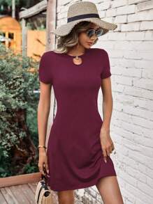 SHEIN LUNE Keyhole Neckline Solid Dress - Burgundy - View 4