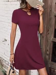 SHEIN LUNE Keyhole Neckline Solid Dress - Burgundy - View 6