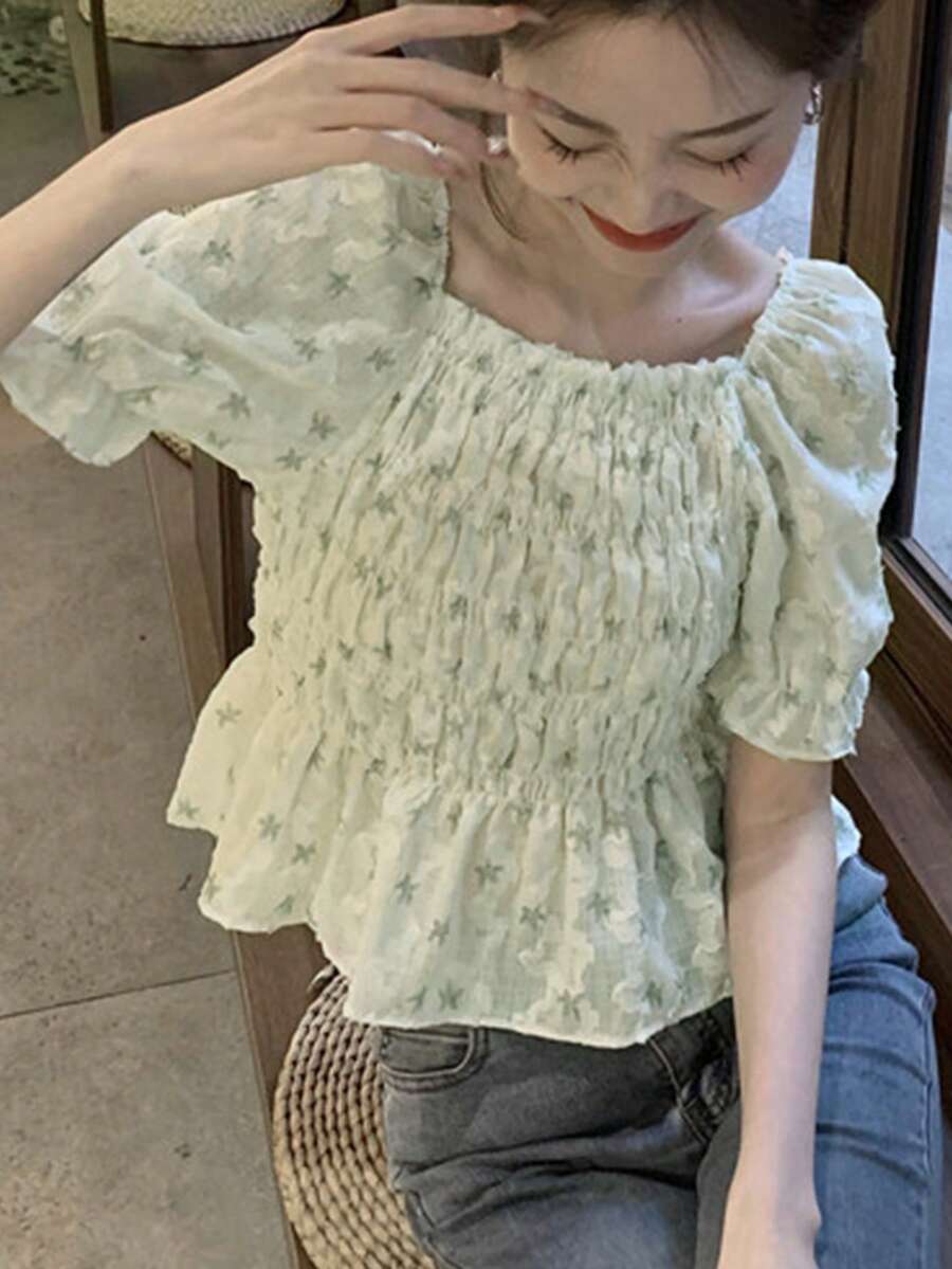 Blusa floral con fruncido bajo con fruncido - verde menta - Ver 1